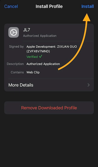 Step 4: Select the profile you just downloaded and proceed to Install.