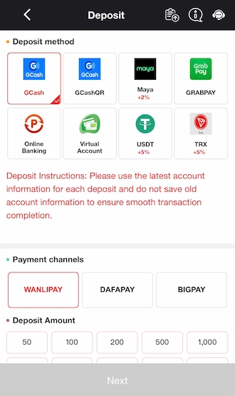 Step 1: Go to deposit and select the GCash method. 