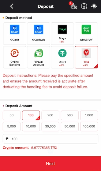 Step 1: Go to deposit and select the TRX method. 