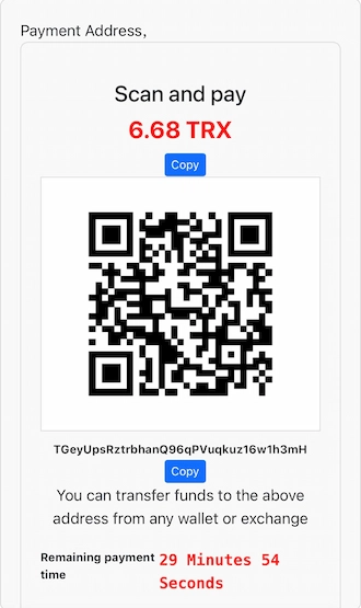 Step 3: Open your cryptocurrency wallet and pay with TRX via the QR code.