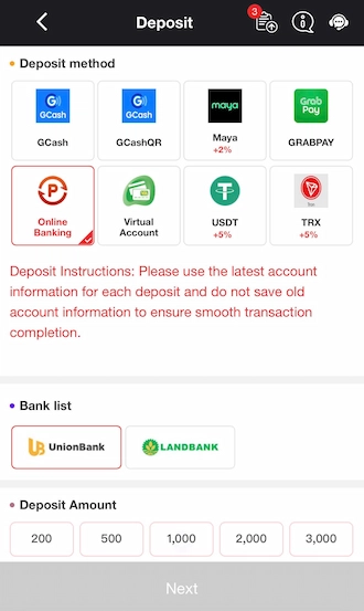 Step 2: Select a bank you want to use to transfer money and enter the deposit amount.