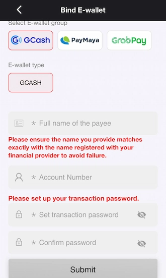 Step 2: Provide Your E-Wallet Address & Set Transaction Password